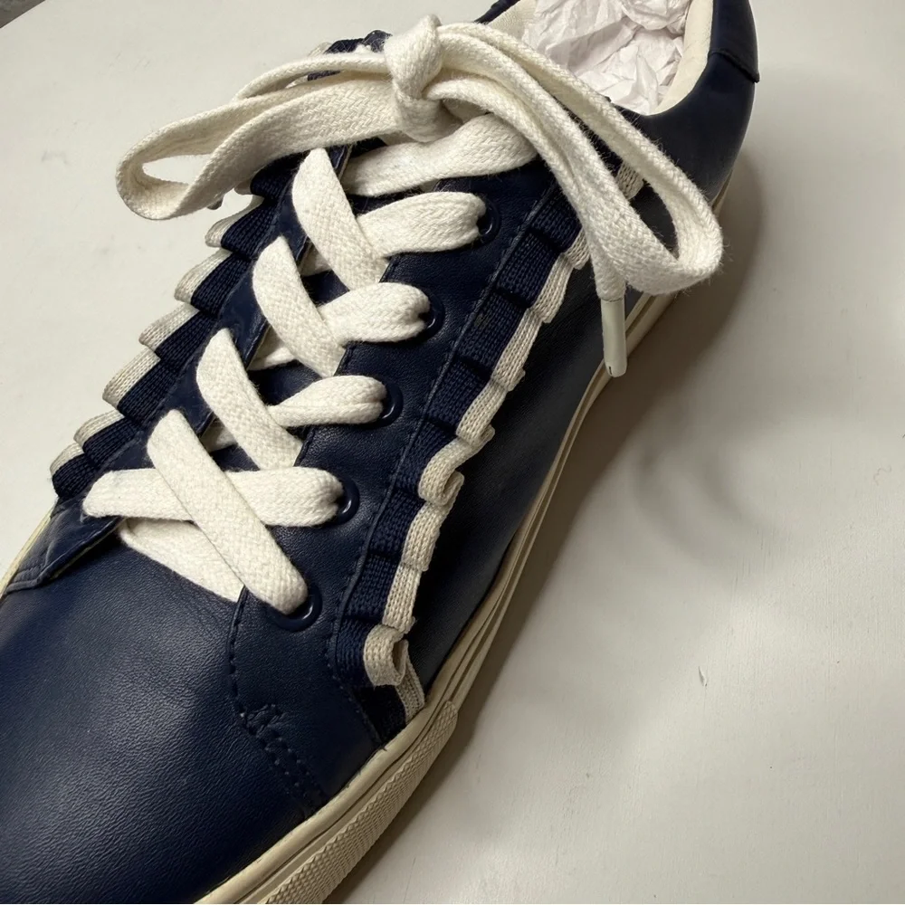 Tory Burch Sport Blue Ruffle Leather Lace Up Low Top Sneakers Logo Size 8.5